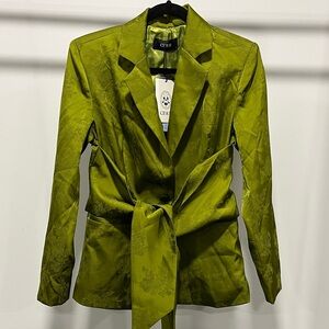 Cider Green Satin Floral Blazer with Tie Waist